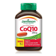 Jamieson CoQ10 250 mg, Coenzyme Q10, Extra Strength, Supports Heart Health, and Helps Prevent Migraines. Non-GMO, Gluten-Free, 45 Softgels, Proudly Canadian
