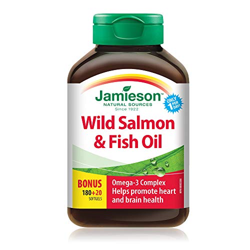 Jamieson Wild Salmon and Fish Oil 1,000 mg Softgels, Bonus Size, Supports Heart and Brain Health. With Wild Alaskan Salmon, Menhaden, EPA and DHA, Non-GMO, Gluten-Free, 200 Count, Proudly Canadian