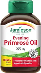Jamieson Evening Primrose Oil 500 mg with Vitamin E, 180 Softgels, Omega-6, Supports Skin Hydration and Smoothness, Reduces Acne Inflammation, Provides Ezcema Symptom Support. Proudly Canadian