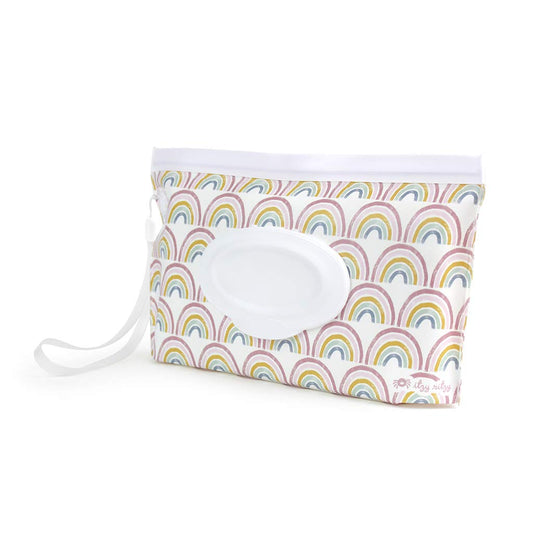 Itzy Ritzy Travel Wipes Case - Reusable Wipe Pouch – Take & Travel Pouch Holds Up To 30 Wet Wipes, Includes Silicone Wristlet Strap, Rainbow