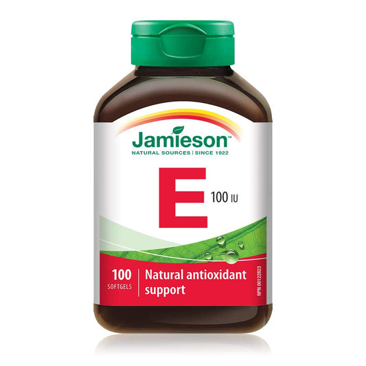 Jamieson Vitamin E 100 IU Softgels, Natural Antioxidant, Helps Prevents Tissue Damage and Vitamin E Deficiency. Gluten-Free, No Artificial Flavours, Colours, or Preservatives, 100 Count, Proudly Canadian