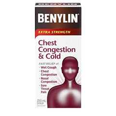 BENYLIN Extra Strength Chest Congestion and Cold Syrup, Relieves Wet Cough and Sore Throat Pain, 250mL
