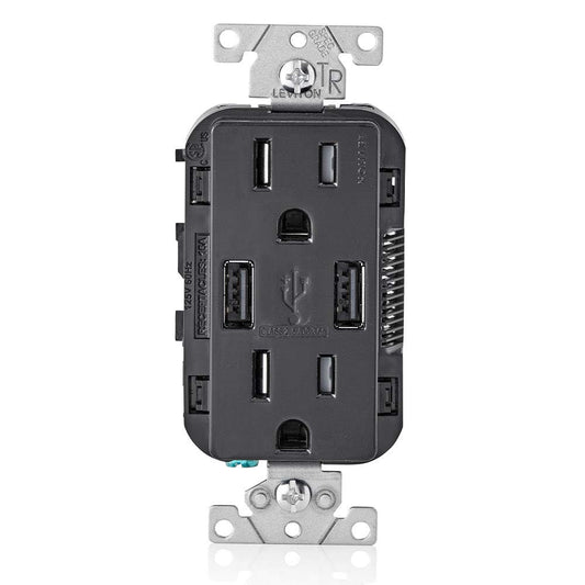 Leviton USB Duplex Receptacle, 15 Amp, Tamper Resistant, T5632-E, Black