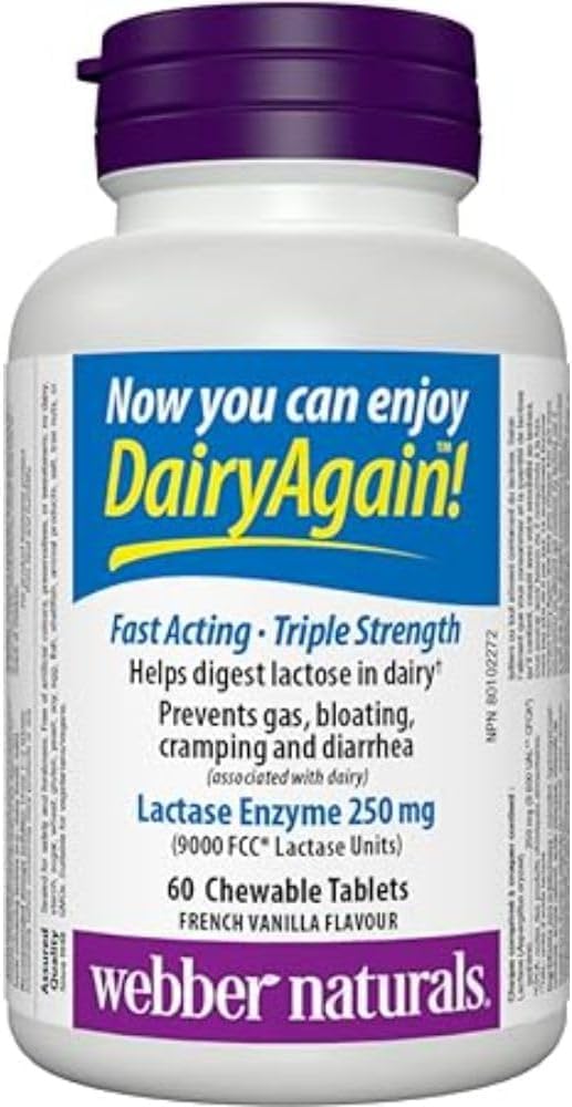 Webber Naturals Dairy Again Lactase Enzyme 250 mg, 60 Chewable French Vanilla Flavour Tablets, Helps Digestion of Lactose in Milk and Dairy Products
