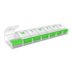 EZY DOSE Weekly (7-day) Push Button Pill Organizer and Planner, Arthritis Friendly, X-Large, Clear Lids, Green