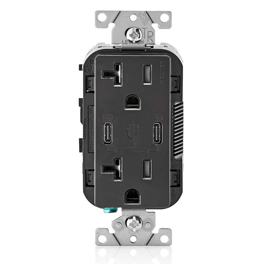 Leviton USB Dual Type C Receptacle, 20 Amp Tamper-Resistant, T5835-00E, Black