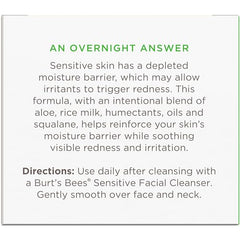 Burt's Bees Sensitive Hydrating Night Face Cream Face Moisturizer for Sensitive Skin with Aloe and Rice Milk, 98.9% Natural Origin, Developed with Dermatologists, 50g