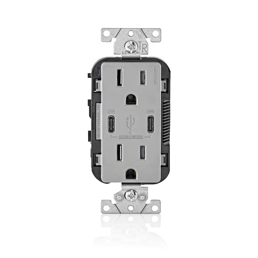 Leviton USB Dual Type C Receptacle 30 W, 6 Amp, 15 Amp Tamper-Resistant, T5635-00G, Grey