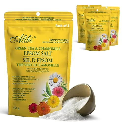 Alibi Epsom Salt Scented - Green Tea & Minty Epsom Salts for Soaking - Natural Magnesium Sulfate Crystals - 3 x 454g Bags = 1.36kg White