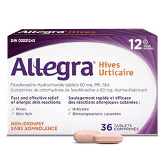 Allegra Hives, 12-Hour Itchy Skin Relief Due to Hives, Allergic Skin Reactions, Non-Drowsy Allergy Medication, 60 mg Fexofenadine Hydrochloride Antihistamine, Adults and Kids, 12 and Older, 36 Tablets