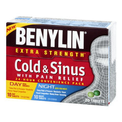 BENYLIN Extra Strength Cold and Sinus Caplets, Relieves Cold and Sinus symptoms, Daytime and Nighttime, Convenience Pack, 20ct