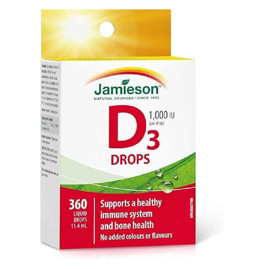 Jamieson Vitamin D3 1,000 IU Drops, Supports Immune Health, Strong Bones and Teeth, Enhances Calcium and Phosphorus Absorption. Non-GMO, Gluten-Free, No Artificial Flavours, Colours or Preservatives, 360 Liquid Drops, Proudly Canadian