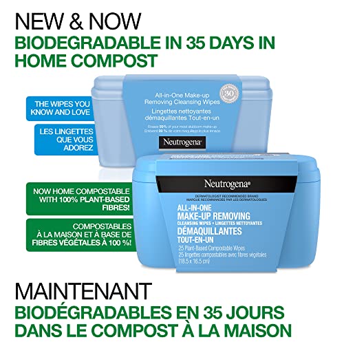 Neutrogena All-in-One Makeup Removing Cleansing Wipes - Face Cleanser - Eye Makeup Remover - Biodegradable - 25 Facial Wipes