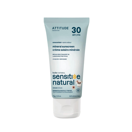 ATTITUDE Mineral Sunscreen for Baby and Kids with Sensitive Skin, Made in Canada, EWG Verified, Broad Spectrum UVA/UVB, Dermatologically Tested, Plant and Mineral-Based Formula, Vegan, SPF 30, Unscented, 75 grams