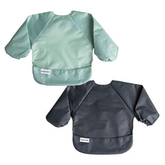 Tiny Twinkle Mess Proof Baby Bib, 2 Pack Long Sleeve Bib Outfit, Waterproof Bibs for Toddlers, Machine Washable, Tug Proof Sage + Charcoal 6-24M