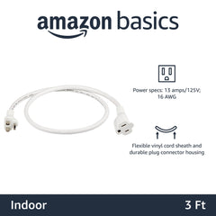 Amazon Basics 3-Foot Extension Cord - 13 Amps, 125V - 2-Pack, White