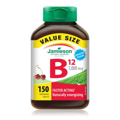 Jamieson Vitamin B12 Methylcobalamin 1,000 mcg, Fast Dissolving, Faster Acting, Naturally Energizing, and Supports Metabolism. Vegetarian, Gluten-Free, Natural Wild Cherry Flavour, 150 Sublingual Tablets, Proudly Canadian