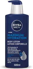 NIVEA MEN Maximum Hydration Body Lotion for Dry to Very Dry Skin, 72-Hr Moisture, Fast-Absorbing Body Moisturizer for Men with Aloe Vera, 500 ml