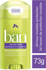 Ban Shower Fresh 24-Hour Invisible Solid, Antiperspirant Deodorant, 73 G | Made in Canada