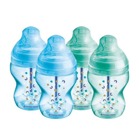 Tommee Tippee Advanced Anti-Colic Baby Bottle, 9oz, Slow-Flow Breast-Like Nipple for a Natural Latch, Triple-Vented Anti-Colic Wand, Pack of 4, Blue and Green
