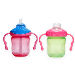 Playtex Baby Sipsters for 4+ Months, 6 Ounces (2 Count), Pink & Green, 1 Straw Sippy Cup and 1 Soft Spout Toddler Water Bottle for Kids, Easy-grip, No Spill Baby Cups with Transition Handles, Stage 1