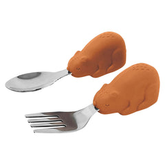 Tiny Twinkle Easy Grip Toddler Utensils Spoon and Fork Set - BPA & Phthalate Free Utensil Sets, Kids Silverware with Silicone Handle, Baby Led Weaning Supplies for 12 Months & Up, Cinnamon Bear