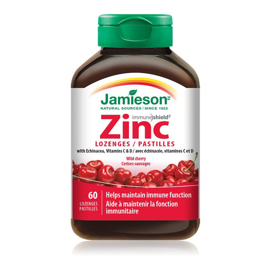 Jamieson Zinc Lozenges Wild Cherry Flavour, with Echinacea, Vitamin C and Vitamin D3, Soothes Sore Throat, and Provides Cold and Flu Symptom Relief. Gluten-Free, No Artificial Colours, Flavours or Preservatives, 60 Count, Proudly Canadian