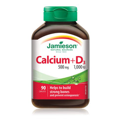 Jamieson Calcium 500 mg with Vitamin D3 1,000 IU, 90 Caplets. High Absorption, Supports Bone Health, Helps Prevent Osteoporosis and Bone Loss. Easy to Swallow, Vegetarian, Non-GMO, Proudly Canadian