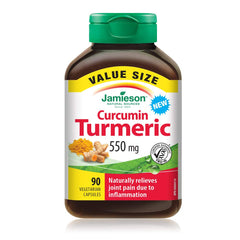 Jamieson Curcumin Turmeric 550 mg, Provides Natural Joint Pain Relief, Supports Inflammation, and Helps with Digestion. NON-GMO, Gluten-Free, 90 Vegetarian Capsules, Proudly Canadian