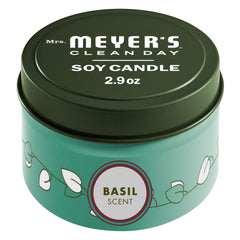 MRS. MEYER'S Clean Day Soy Tin Candle, 12 Hour Burn Time, Made with Soy Wax and Essential Oils, Basil, 2.9 oz