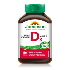 Jamieson Vitamin D3 2,500 IU Tablets, Helps Prevent Vitamin D Deficiency, and Osteoporosis, Supports Immune Health, Strong Bones, and Teeth. Vegetarian, Non-GMO, Gluten-Free, 180 Count, Proudly Canadian