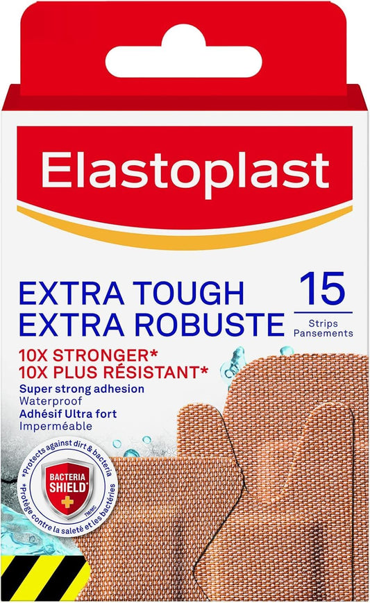 Elastoplast Extra Tough Waterproof Adhesive Bandages, 15 Strips, Beige | Flexible Fabric | Durable Protection Super Strong Adhesion for Extra Strong Sticking Power