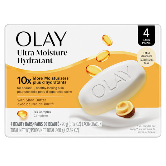 Olay Moisture Outlast Ultra Moisture Shea Butter Beauty Bar with Vitamin B3 Complex, 360 g Total (4 Count of 90 g Each)