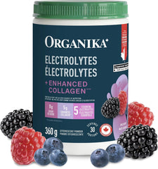 Organika Canadian-Made Electrolytes + Enhanced Collagen - Daily Hydration Powder with 5g of Collagen for Hair, Skin and Nails, 100% of Daily Vitamin C, Wildberry Flavour, 360 g, 30 Servings