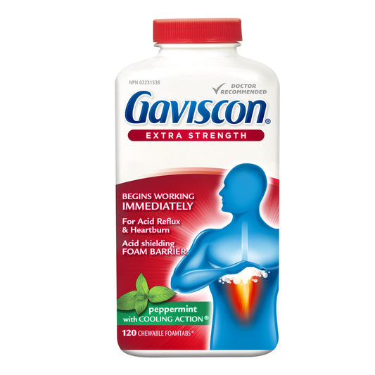 Gaviscon Extra Strength Tablets - 120 Count - Chewable Foaming Antacid Tablets for Day and Night Heartburn Relief, Acid Reflux and GERD Relief, Cooling & Refreshing Peppermint - Free of Aluminum