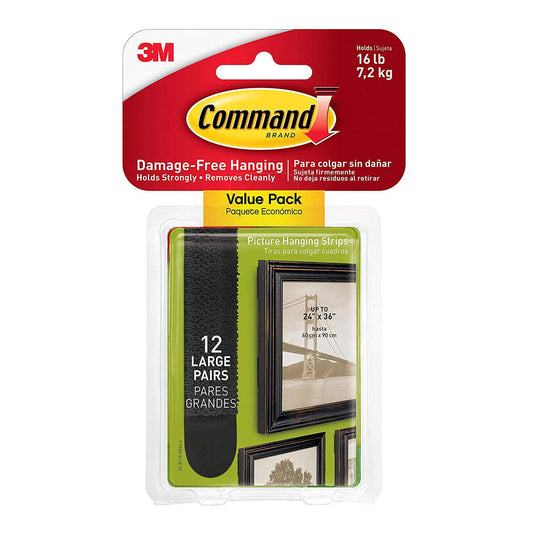 Command Large Picture Hanging Strips, Damage Free Hanging Picture Hangers, Wall Hanging Strips for Back to School Dorm Organization, 12 Black Adhesive Strip Pairs(24 Command Strips)