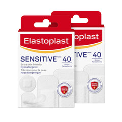 Elastoplast Sensitive Adhesive Bandages for Sensitive Skin, 40 Assorted Shapes - Pack of 2, White, Hypoallergenic | Extra skin-friendly | Soft & Breathable Material | Painless to Remove