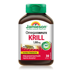 Jamieson Omega Complete Pure Krill Oil, 1000 mg, 30 Softgels, No Fishy Aftertaste, Supports Heart Health, High Potency, Provides Superior Absorption. With Antarctic Krill Oil, Proudly Canadian