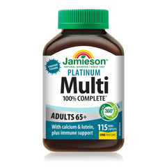 Jamieson 100% Complete Multivitamin Platinum for Adults 65+, 115 Mini Caplets. With Lycopene, Lutein and Additional Immune Support. Supports Energy, Eye Health, Bone, and Overall Health, One Per Day