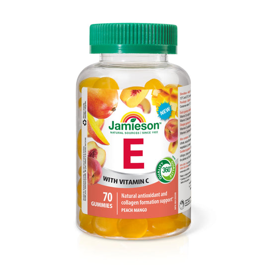 Jamieson Vitamin E 100 IU Gummies Peach Mango Flavour, with 25 mg Vitamin C. Packed with Antioxidants, Supports a Healthy Metabolism, and Boosts Immunity, Gluten-Free, No Artificial Colours, Flavours, or Preservatives, 70 Count