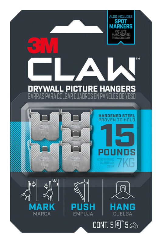3M CLAW Drywall Picture Hangers: Drywall Picture Hanger 15 lb. with Temporary Spot Marker / 5-Pack (Silver) / 5-Pack