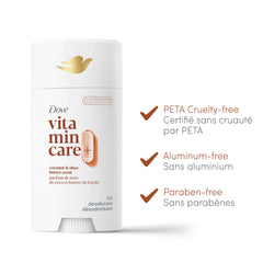 Dove Vitamin Care+ Deodorant Stick Aluminum-Free Deodorant for Women Coconut & Shea Butter Scent 72H Breathable Odour Protection with Vitamin B3+E 74 g