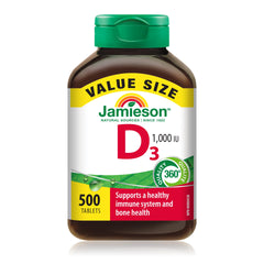 Jamieson Vitamin D3 1,000 IU Tablets, Supports Immune Health, Strong Bones, and Teeth, Enhances Calcium and Phosphorus Absorption. Vegetarian, Non-GMO, Gluten-Free, One Per Day, 500 Count, Proudly Canadian