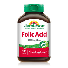 Jamieson Folic Acid 1,000 mcg, 100 Tablets, Prenatal Supplement, Supports Normal Fetal Development, Helps Prevent Neural Tube Defects, Produce Red Blood Cells. Vegetarian, Non-GMO, Proudly Canadian