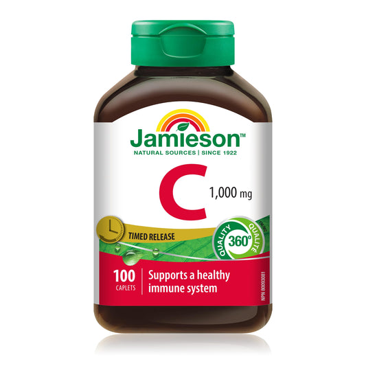 Jamieson Vitamin C 1,000 mg Timed Release Caplets, Supports Immune Health, Strong Teeth and Bones. Gradual Release of Vitamin C Throughout the Day, Vegetarian, Gluten-Free, 100 Count, Proudly Canadian
