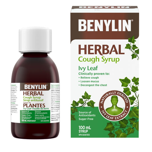 BENYLIN HERBAL Cough Syrup Ivy Leaf, Herbal Decongestant, Cold & Flu Relief, Cough Suppressant, Sugar Free, Antioxidants, 100-mL