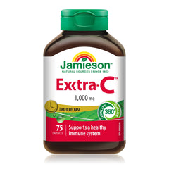 Jamieson Vitamin Exxtra C Timed Release 1,000 mg, Advanced Absorption and Bioavailability, Gentle on Stomach, Supports Immune Health, Strong Teeth and Bones. Vegetarian, Gluten-Free, 75 Capsules, Proudly Canadian