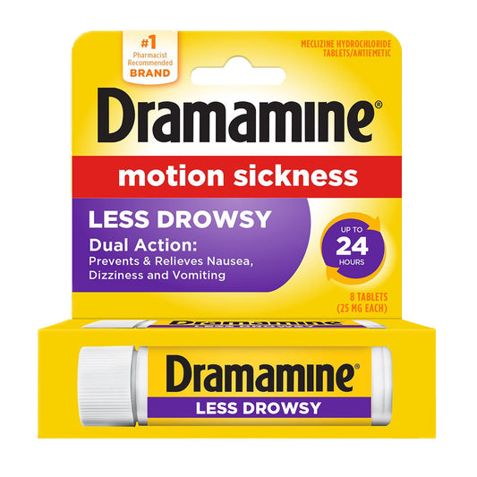 Dramamine Motion Sickness Less Drowsy, Travel Vial, Multicolor, 8 Count