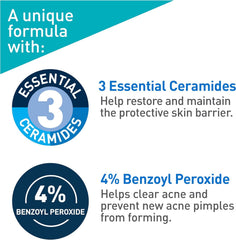 CeraVe 4% Benzoyl Peroxide ACNE Treatment Foaming Cleanser Face & Body Wash, with Hyaluronic Acid and Niacinamide. Helps Clear Acne Pimples and prevent breakouts. Gentle Gel, Fragrance-Free, 150ML