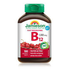 Jamieson Vitamin B12 Methylcobalamin 1,000 mcg, Fast Dissolving, Faster Acting, Naturally Energizing, and Supports Metabolism. Vegetarian, Gluten-Free, Natural Wild Cherry Flavour, 100 Sublingual Tablets, Proudly Canadian